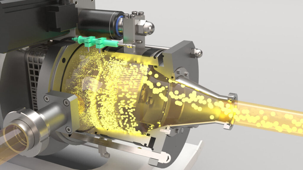 Visualizzazione 3D di un mulino colloidale industriale Bertoli con particelle gialle che illustrano il passaggio del prodotto durante la lavorazione.
