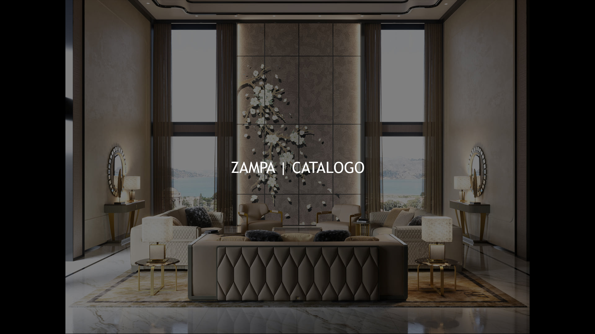 Ambiente di interior design Bruno Zampa con grande vetrata, albero decorativo centrale e rivestimenti architettonici dalle tonalità neutre.