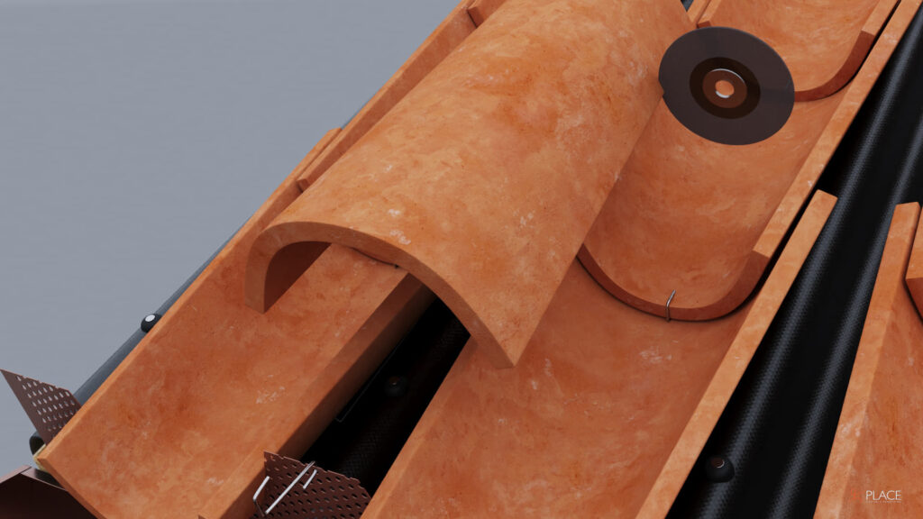 Visualizzazione 3D ravvicinata di elementi di copertura GUTTA con finitura color cotto, utilizzata nel video tecnico di montaggio.