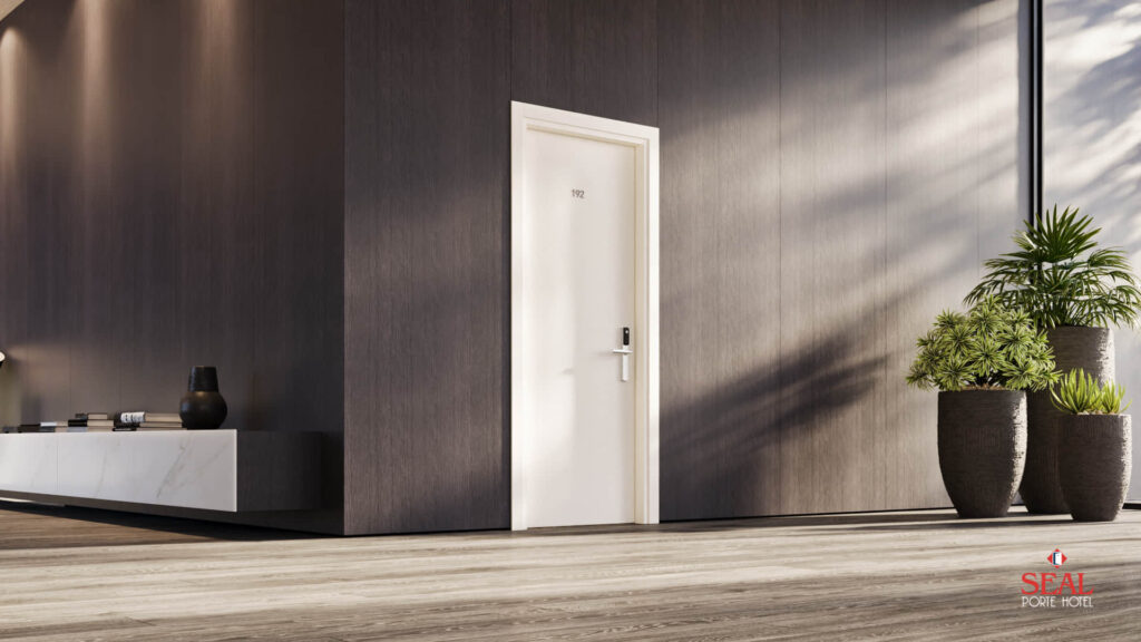 Rendering fotorealistico della porta UNICA con finitura chiara in ambiente moderno